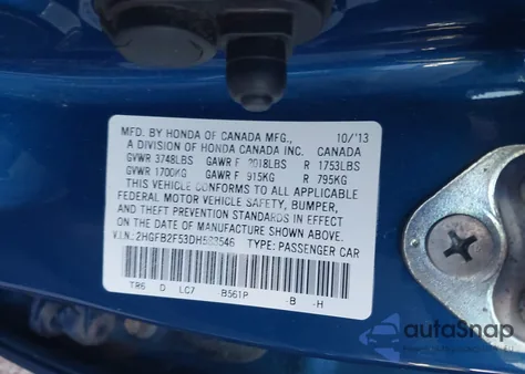 2013 Honda Civic Lx из США, поврежденный, VIN 2HGFB2F53DH588546